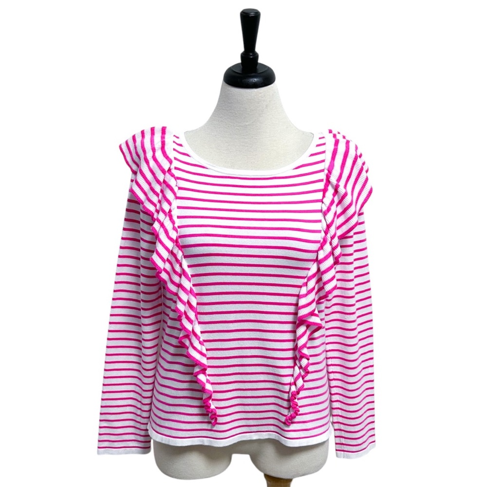Lilly Pulitzer Ruth Pink Tango Beach Stripe Long Sleeve Ruffle Fitted Top Large